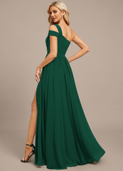 A-line off-the-shoulder one-shoulder floor-length chiffon pleated evening gown