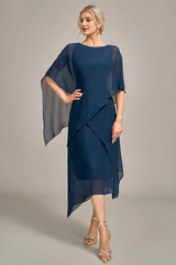Navy Blue A-line low round neck chiffon mother of the bride dress