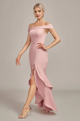 Pink mermaid off shoulder asymmetrical ruffle hem bridal mother dress