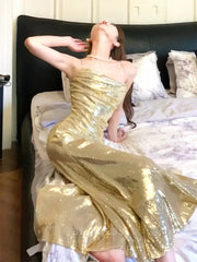 Sheath Spaghetti Straps Gold Sequin Slit formal dresses Bridesmaid Dresses evening gown Prom Dress