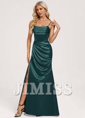 Trumpet/Mermaid Hood Ruffle Floor Length Satin Bridesmaids Dress