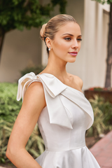 A-line shoulder asymmetrical bow tail and floor length wedding dress
