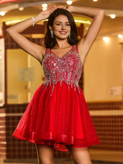 Sparkling pearl embellishment chiffon lace up mini Homecoming dress