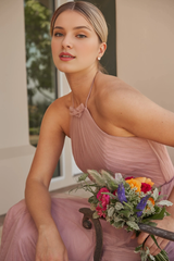 Chiffon A-line pleated suspender with ruffle edge neckline bridesmaid dress