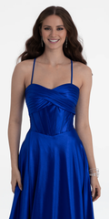 Jimiss off shoulder satin thin shoulder strap tight corset and floor length Prom dress