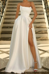Jimiss stunning sage green A-line off shoulder long satin slit Prom dress