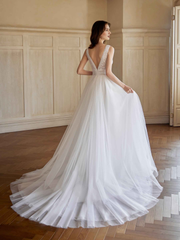 Elegant backless A-line ultra long lace wedding dress