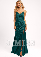 A-line V-neck floor-length satin bridesmaid dress
