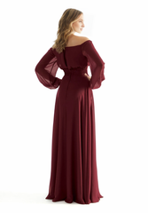 A-line off shoulder collar chiffon pleated Bohemian style bridesmaid dress