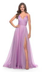 A-line deep V-neck slim shoulder strap tight corset and floor length evening dress