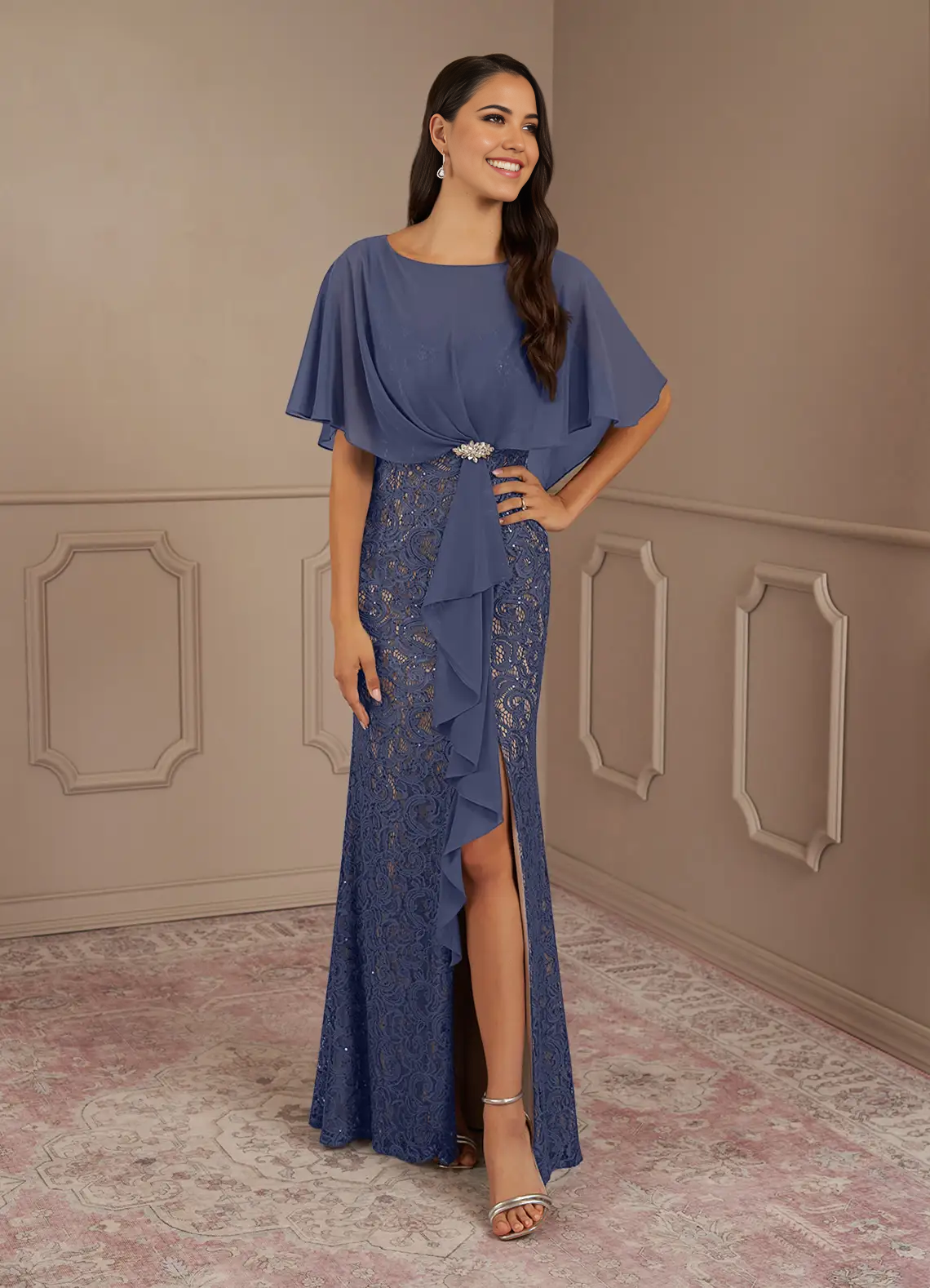 Sheath Crew Neck Sequins Chiffon formal dresses evening dress Mother of the Bride Dresses