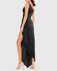 One shoulder neckline sleeveless satin asymmetrical skirt floor length evening dress