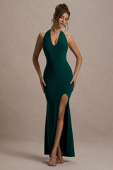 Hanging neck exposed back side slit and floor length evening dress - Jimiss Dress