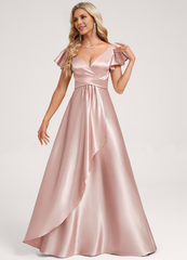 Ruffled A-line V-neck Floor-length Satin Bridesmaids Dress