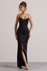 Satin high neck twisted pleat slit and floor length evening dress - Jimiss dress