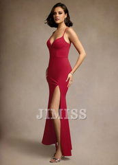 Deep V-neck backless side slit and floor length evening dress
