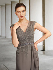 Aimishang A-Line Mother of the Bride Dress Elegant V Neck Floor Length Chiffon Lace Cap Sleeve with Sash / Ribbon Appliques