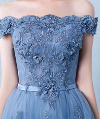 Elegant tulle lace applique long prom dress, blue evening dress