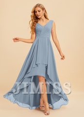 A-Line V-Neck Asymmetric Ruffle Chiffon Bridesmaids Dress