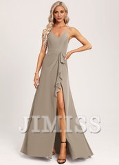 A-line V-neck and ground chiffon bridesmaid dress