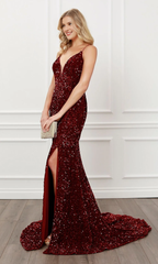 Back hollowed out burgundy sequin formal and floor length dress