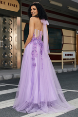 Gorgeous gray purple A-line hanging neck tight corset evening dress