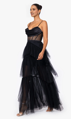 Folded cape collar transparent tight corset layered ruffle edge dress