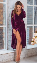 A-line V-Neck Velvet Long Sleeve Cocktail Dress Bridesmaid Dress Formal Dresses for Wedding Guest Mother of the Bride Dresses