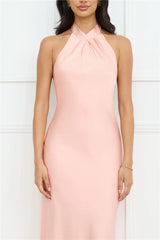 Jimiss halter neckline satin bow tie tie maxi prom dress