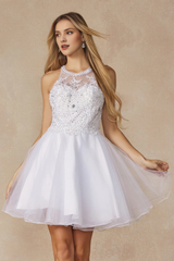 Lace applique short illusion hanging neck dress