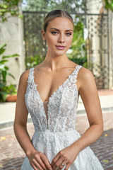 A-line satin deep V-neck 3D flower bead lace and floor length wedding dress