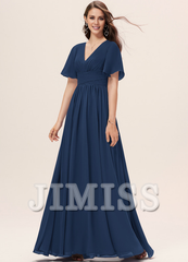Ruffled A-line V-neck Floor-length Chiffon Bridesmaids Dress