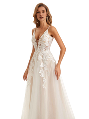 Elegant thin shoulder strap lace decal A-line wedding dress