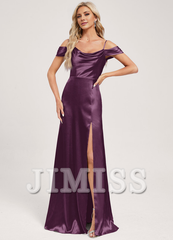 A-line off-the-shoulder floor-length satin bow ruffled bridesmaid dress