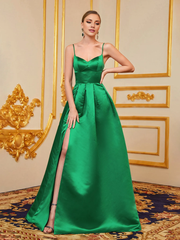 A-line satin thin shoulder strap side slit and floor length formal dress