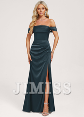 Ruffled A-Line Off-The-Shoulder Floor-Length Matte Satin Bridesmaids Dress