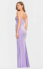 Deep V-neck sleeveless satin tight corset with side slits and floor length evening dress