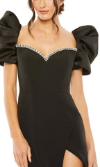 Black heart-shaped neckline short bubble sleeves side slits and floor length Prom dress