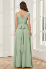V-neck sleeveless chiffon side slit and floor length bridesmaid dress