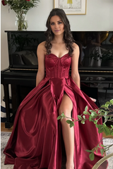 Jimiss navy blue satin A-line suspender with slit long dress