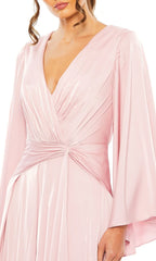 A-line long sleeved V-neck satin and floor length Prom dress