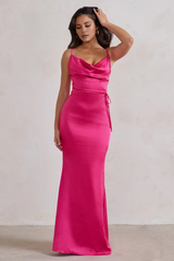 Thin shoulder strap satin cross back and floor length evening dress - Jimiss Dress
