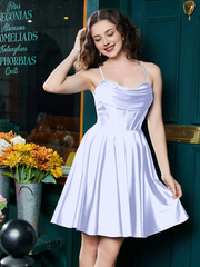 Thin shoulder strap tied with  satin mini Homecoming dress