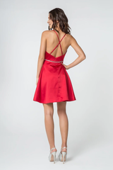 Beaded waistband short satin A-line dress