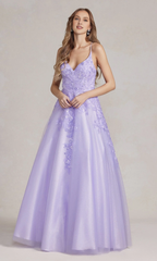 A-line V-neck floral embroidery and floor length Prom dress