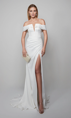 Perfect satin off shoulder straight tube backless side pleated high slit wedding dress
