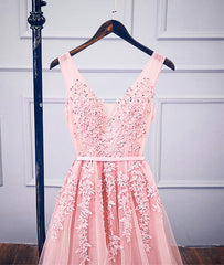 Pink v neck tulle lace applique long prom dress, pink bridesmaid dress