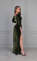 A-line Velvet Crew Neck Back V Long Sleeve Bridesmaid Dress Formal Dresses for Wedding Guest Cocktail Dress Mother of the Bride Dresses