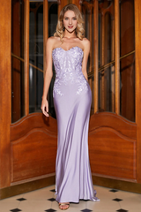 Fashionable mermaid sweetheart lilac tight corset lace applique evening dress