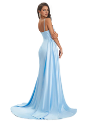 Sexy and soft satin side slit thin shoulder strap long mermaid unique bridesmaid dress